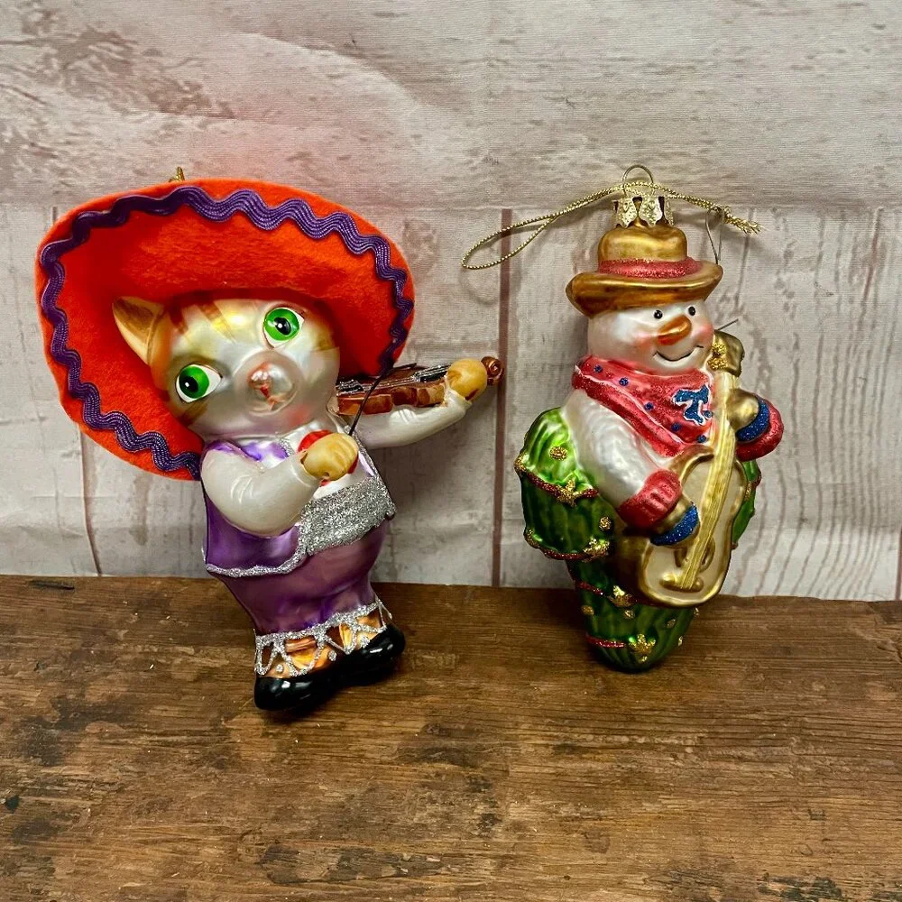 Pair of glass Cat and Snowman Musical Ornaments Rare!